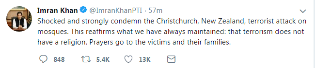 巴基斯坦总理伊姆兰·汗发推谴责新西兰恐怖枪击